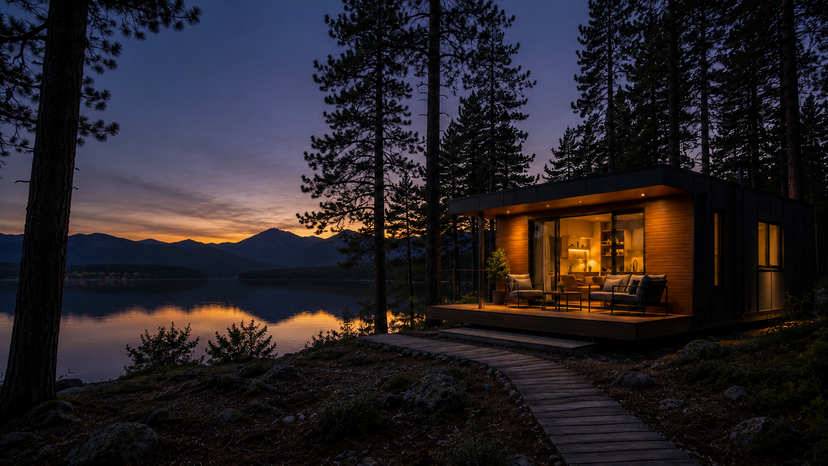 Modern tiny home beside a mountain lake at twilight